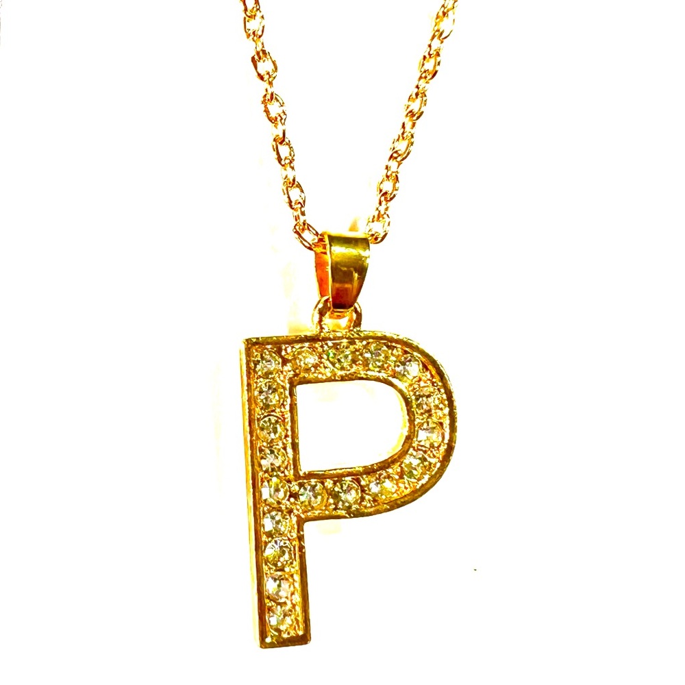 Women’s Letter P Initial Name Alphabet Gold Rhinestone Necklace Earring Set